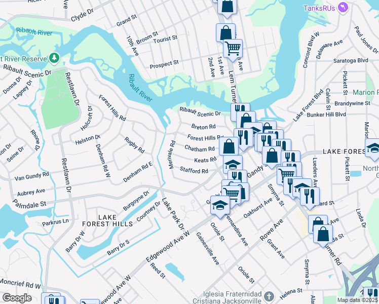 map of restaurants, bars, coffee shops, grocery stores, and more near 1620 Forest Hills Road in Jacksonville