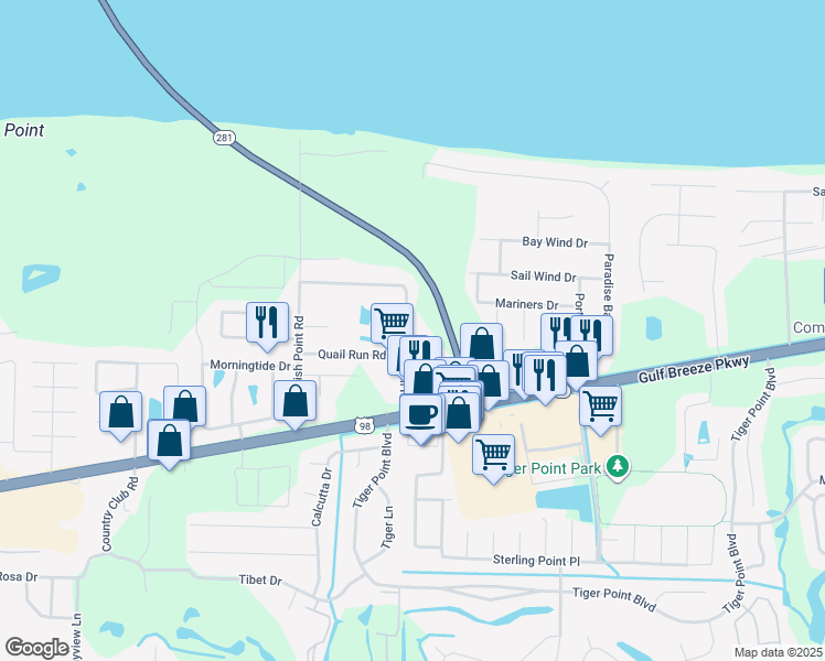 map of restaurants, bars, coffee shops, grocery stores, and more near 1524 Oakhill Road in Gulf Breeze