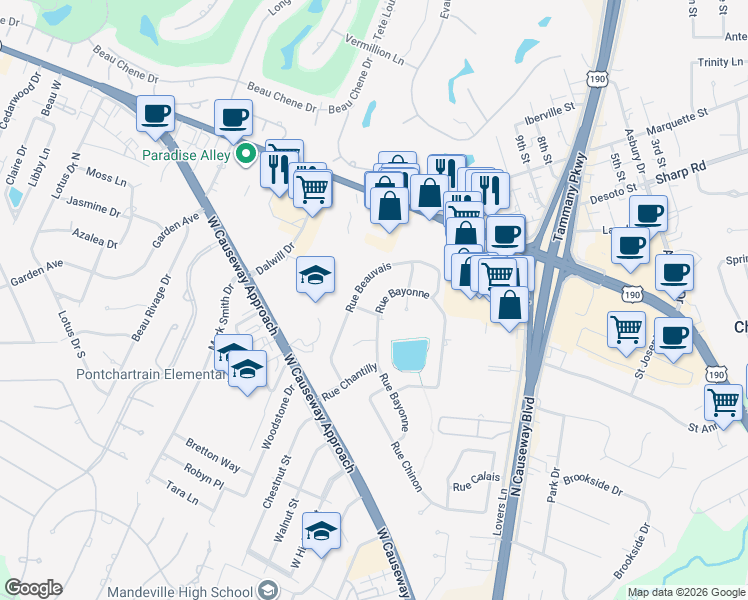 map of restaurants, bars, coffee shops, grocery stores, and more near 1343 Rue Beauvais in Mandeville