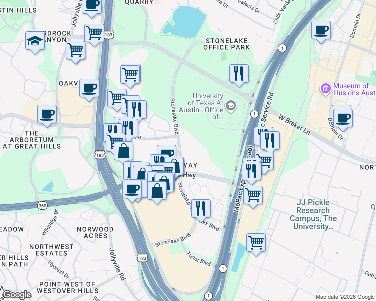 map of restaurants, bars, coffee shops, grocery stores, and more near 10201 Stonelake Boulevard in Austin