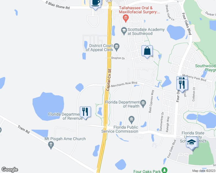 map of restaurants, bars, coffee shops, grocery stores, and more near 1950 Merchants Row Boulevard in Tallahassee