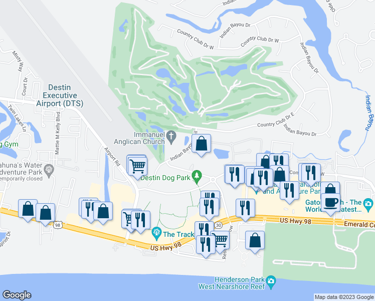 map of restaurants, bars, coffee shops, grocery stores, and more near 4076 Dancing Cloud Court in Destin