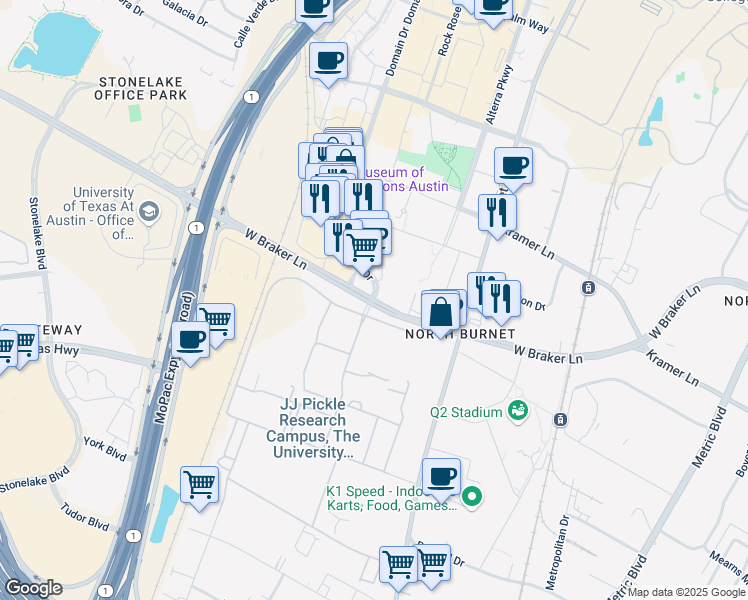 map of restaurants, bars, coffee shops, grocery stores, and more near W Braker Ln & Domain Dr in Austin