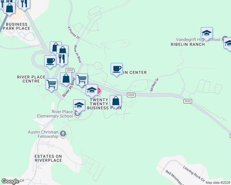 map of restaurants, bars, coffee shops, grocery stores, and more near 10310 Ranch Road 2222 in Austin