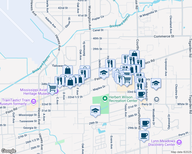 map of restaurants, bars, coffee shops, grocery stores, and more near 44 Pass Road in Gulfport