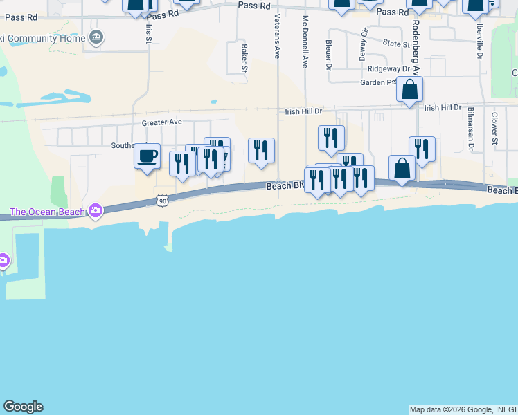 map of restaurants, bars, coffee shops, grocery stores, and more near 1851 Beach Boulevard in Biloxi
