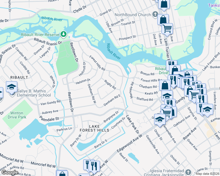 map of restaurants, bars, coffee shops, grocery stores, and more near 1931 Rugby Road in Jacksonville