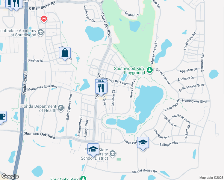 map of restaurants, bars, coffee shops, grocery stores, and more near 3153 Mulberry Park Boulevard in Tallahassee