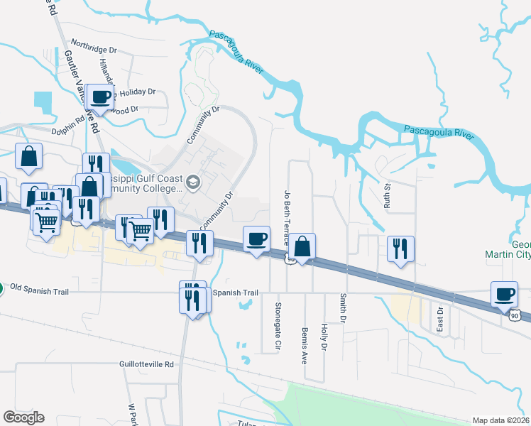 map of restaurants, bars, coffee shops, grocery stores, and more near 3615 Shamrock Ct in Gautier