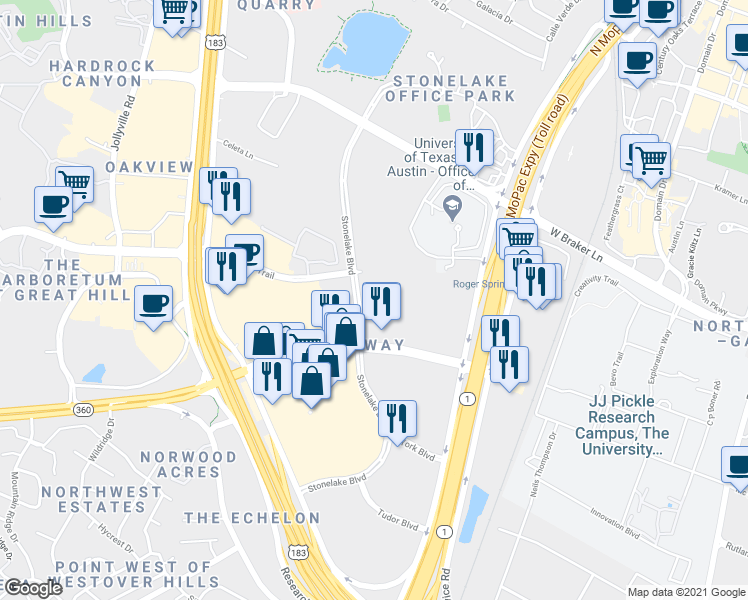 map of restaurants, bars, coffee shops, grocery stores, and more near 10201 Stonelake Boulevard in Austin