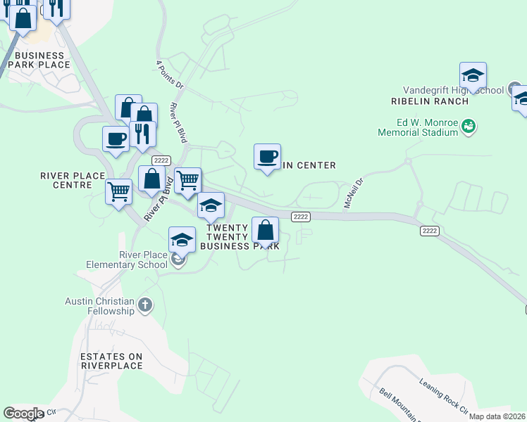 map of restaurants, bars, coffee shops, grocery stores, and more near 10301 Ranch to Market 2222 in Austin
