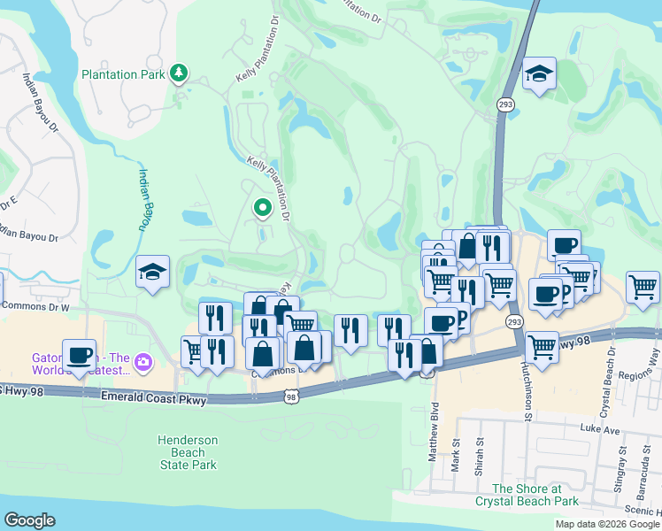 map of restaurants, bars, coffee shops, grocery stores, and more near 4335 Stonebridge Road in Destin