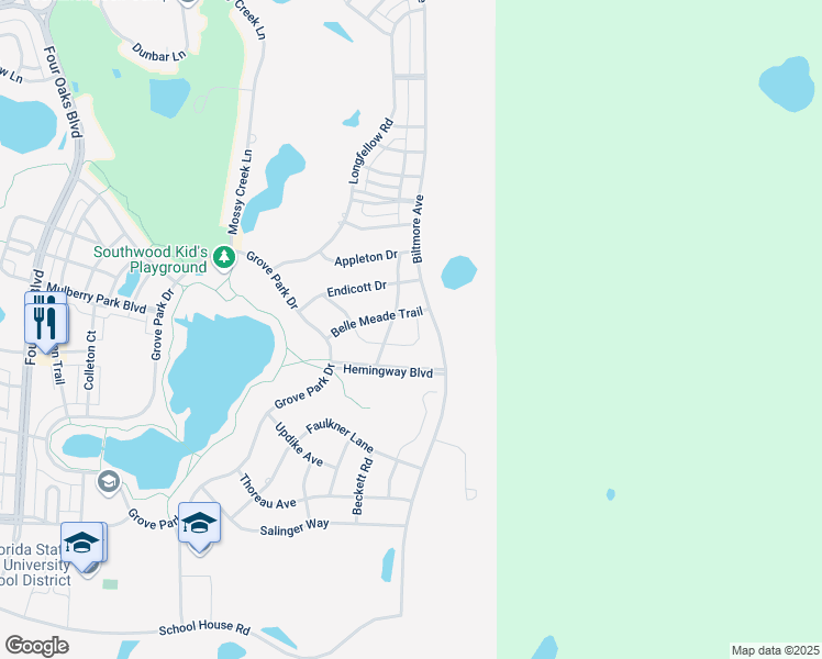map of restaurants, bars, coffee shops, grocery stores, and more near 3258 Belle Meade Trail in Tallahassee