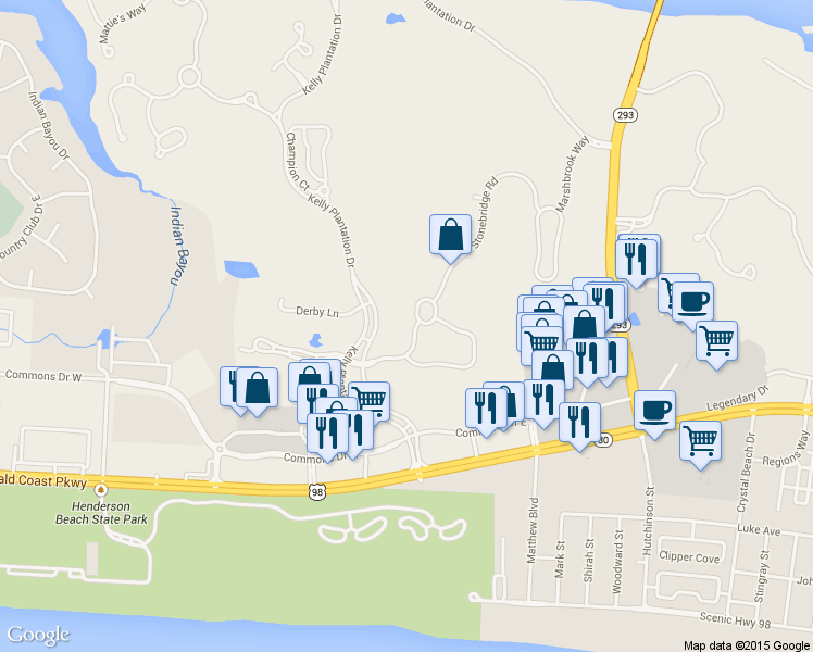 map of restaurants, bars, coffee shops, grocery stores, and more near 4327 Stonebridge Road in Destin