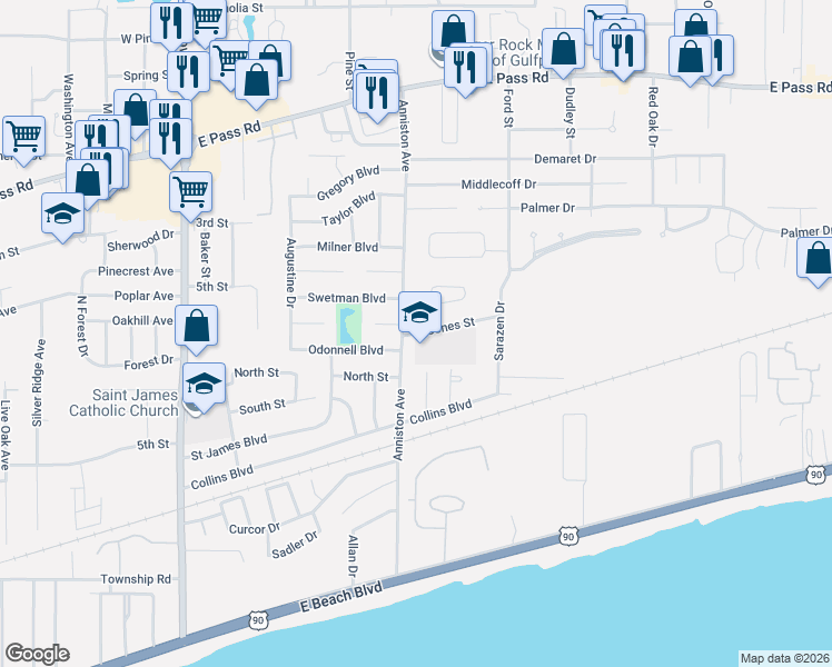 map of restaurants, bars, coffee shops, grocery stores, and more near 2304 Farrell Boulevard in Gulfport