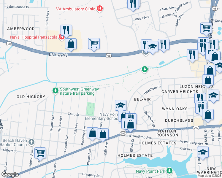 map of restaurants, bars, coffee shops, grocery stores, and more near 1260 Lownde Avenue in Pensacola