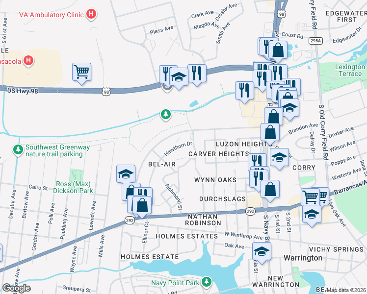 map of restaurants, bars, coffee shops, grocery stores, and more near 1002 Hawthorn Drive in Pensacola