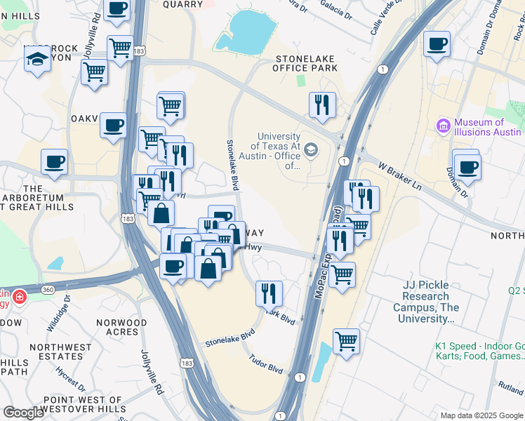 map of restaurants, bars, coffee shops, grocery stores, and more near 10201 Stonelake Boulevard in Austin