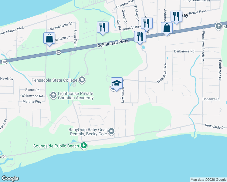 map of restaurants, bars, coffee shops, grocery stores, and more near 1500 Woodlawn Way in Gulf Breeze