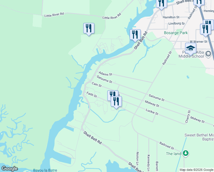map of restaurants, bars, coffee shops, grocery stores, and more near 9361 Satsuma Street in Coden
