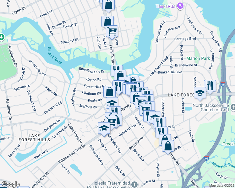 map of restaurants, bars, coffee shops, grocery stores, and more near 1411 Palmdale Street in Jacksonville