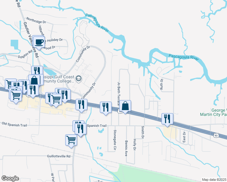 map of restaurants, bars, coffee shops, grocery stores, and more near 3512 Shamrock Court in Gautier