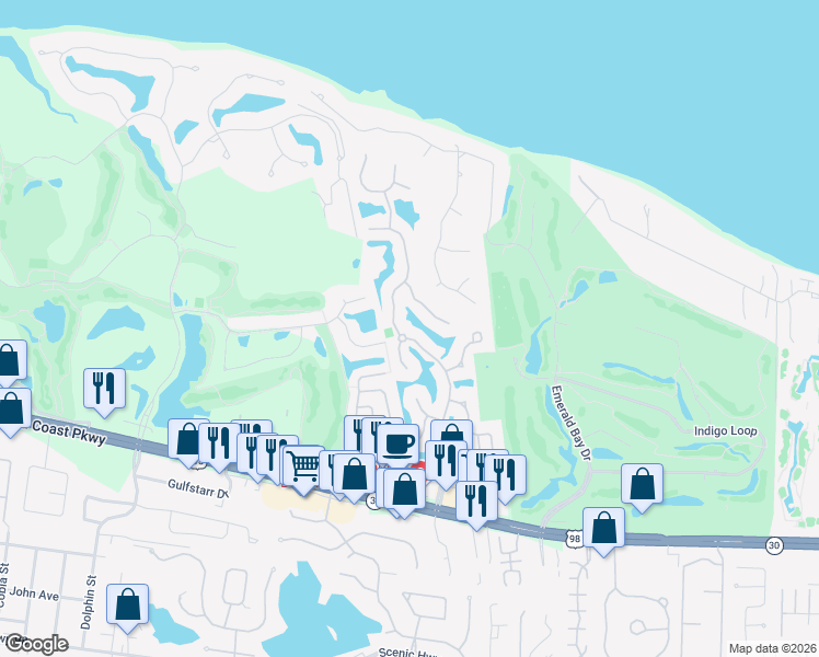 map of restaurants, bars, coffee shops, grocery stores, and more near 262 Okeechobee Cove in Destin
