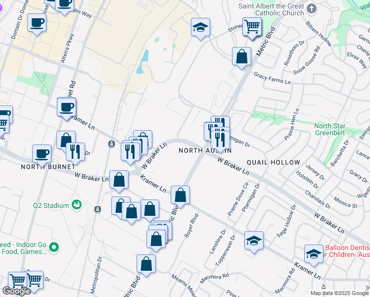map of restaurants, bars, coffee shops, grocery stores, and more near 2111 West Braker Lane in Austin