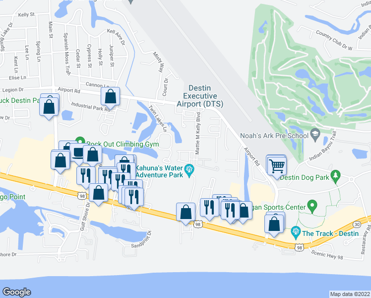map of restaurants, bars, coffee shops, grocery stores, and more near 409 Mattie M Kelly Boulevard in Destin