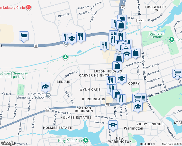 map of restaurants, bars, coffee shops, grocery stores, and more near 19 North Carver Drive in Pensacola