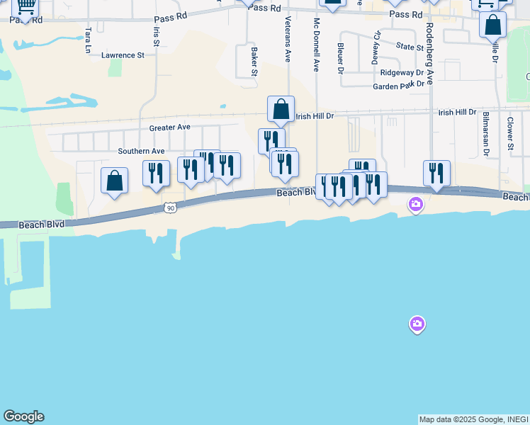 map of restaurants, bars, coffee shops, grocery stores, and more near 1851 Beach Boulevard in Biloxi