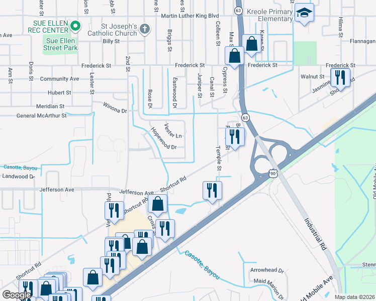 map of restaurants, bars, coffee shops, grocery stores, and more near 3542 Morningview Drive in Moss Point