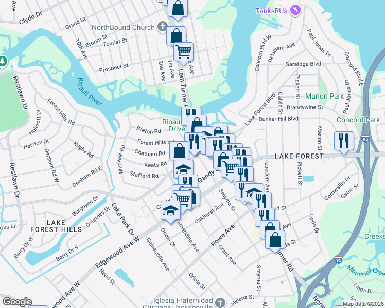 map of restaurants, bars, coffee shops, grocery stores, and more near 1412 Keats Circle in Jacksonville
