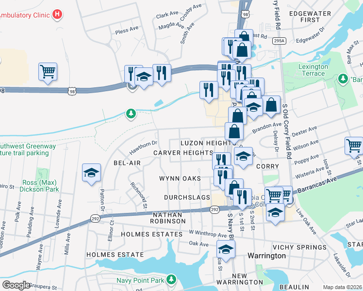 map of restaurants, bars, coffee shops, grocery stores, and more near 19 North Carver Drive in Pensacola