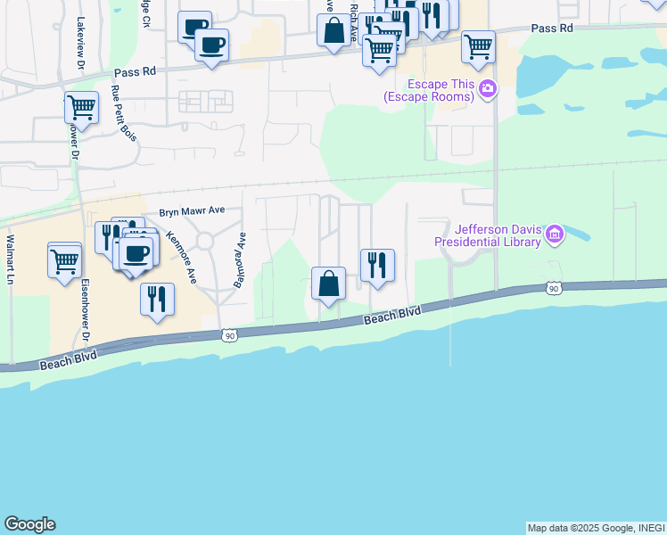 map of restaurants, bars, coffee shops, grocery stores, and more near 150 Pine Grove Avenue in Biloxi