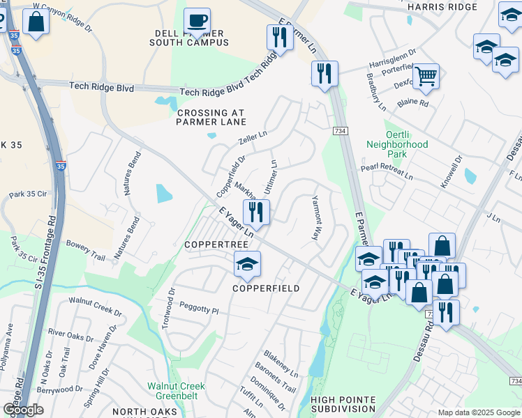 map of restaurants, bars, coffee shops, grocery stores, and more near 1006 Markham Lane in Austin