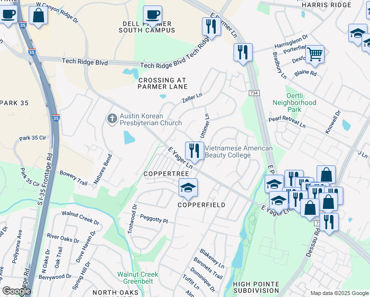 map of restaurants, bars, coffee shops, grocery stores, and more near 907 Markham Lane in Austin