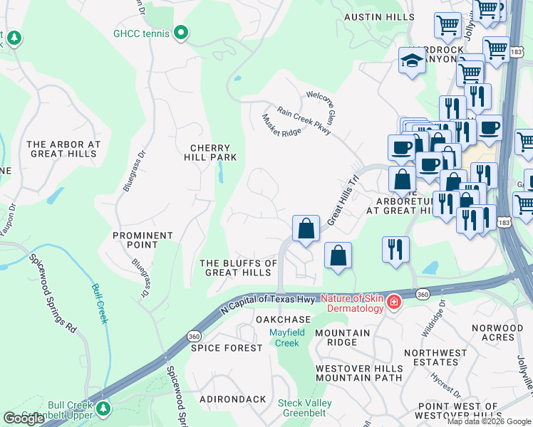 map of restaurants, bars, coffee shops, grocery stores, and more near 9106 Breeze Point Cove in Austin