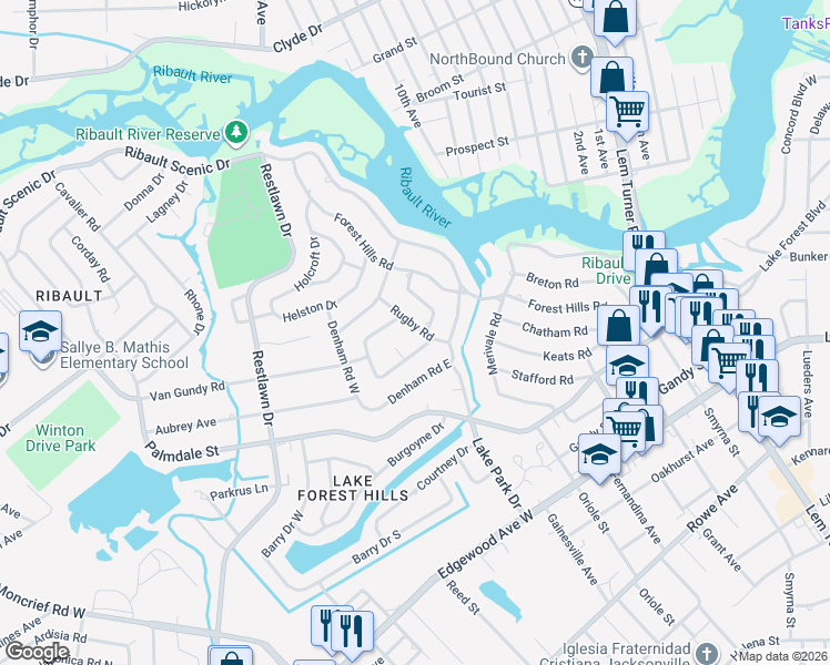 map of restaurants, bars, coffee shops, grocery stores, and more near 1912 Rugby Road in Jacksonville