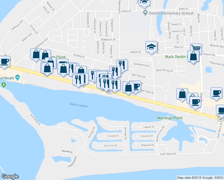 map of restaurants, bars, coffee shops, grocery stores, and more near 543 Harbor Boulevard in Destin
