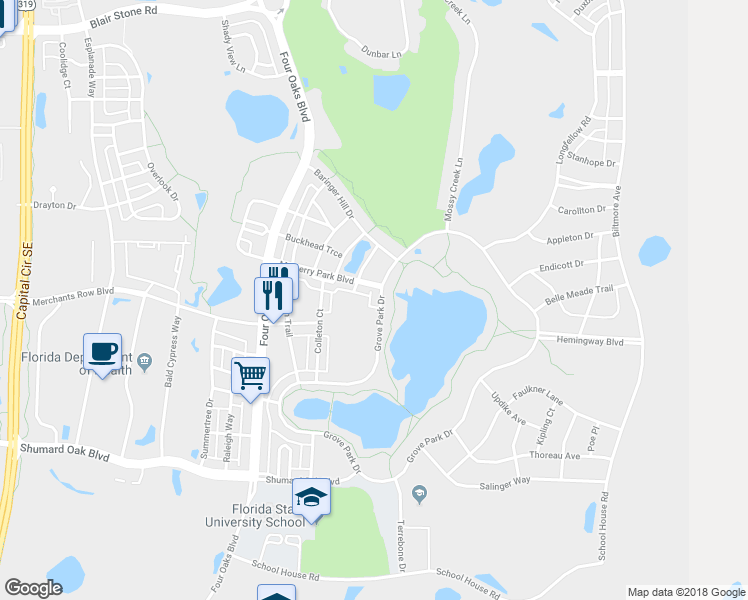 map of restaurants, bars, coffee shops, grocery stores, and more near 3980 Grove Park Drive in Tallahassee