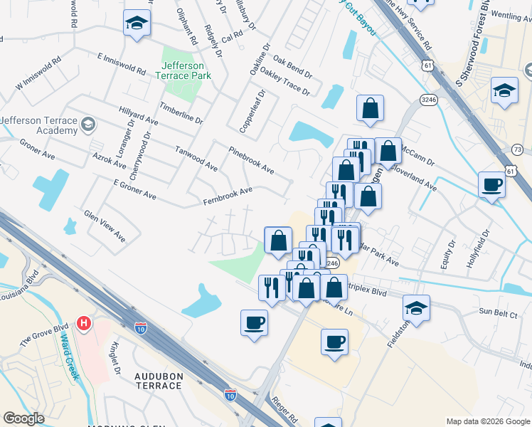 map of restaurants, bars, coffee shops, grocery stores, and more near 10457 Fernbrook Avenue in Baton Rouge