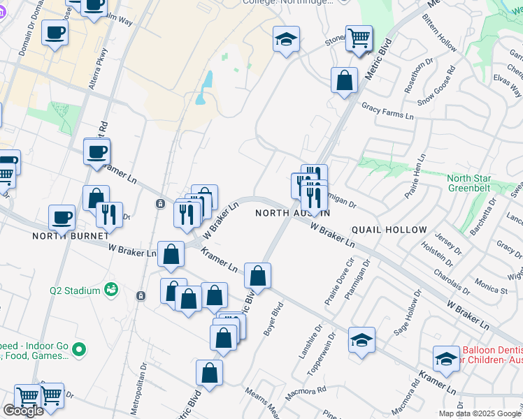 map of restaurants, bars, coffee shops, grocery stores, and more near 2111 West Braker Lane in Austin