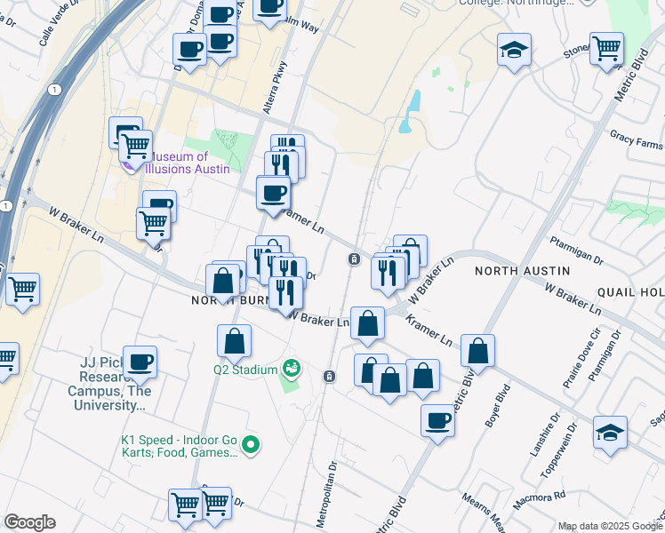 map of restaurants, bars, coffee shops, grocery stores, and more near 2515 Brockton Drive in Austin