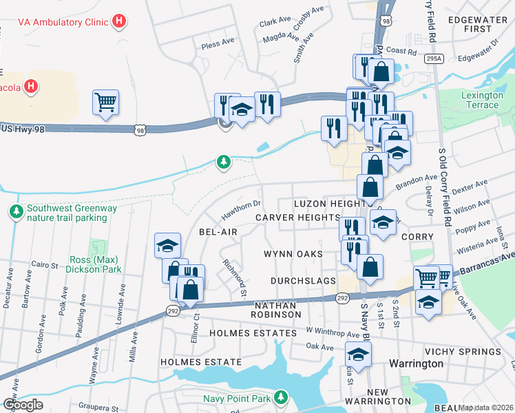 map of restaurants, bars, coffee shops, grocery stores, and more near 1002 Hawthorn Drive in Pensacola