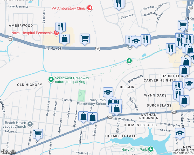 map of restaurants, bars, coffee shops, grocery stores, and more near 1260 Lownde Avenue in Pensacola