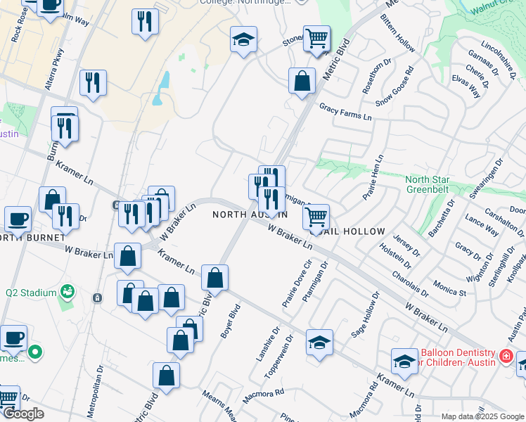 map of restaurants, bars, coffee shops, grocery stores, and more near 1910 West Braker Lane in Austin
