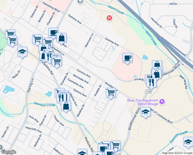 map of restaurants, bars, coffee shops, grocery stores, and more near 8056 Anselmo Lane in Baton Rouge