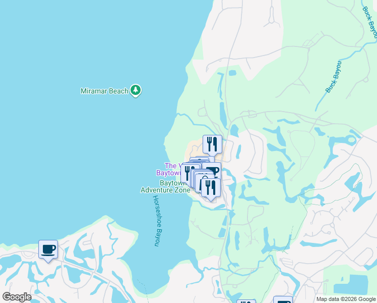 map of restaurants, bars, coffee shops, grocery stores, and more near 9700 Grand Sandestin Boulevard in Miramar Beach