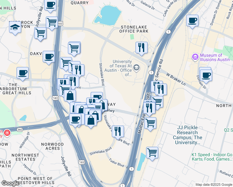 map of restaurants, bars, coffee shops, grocery stores, and more near 10011 Stonelake Boulevard in Austin